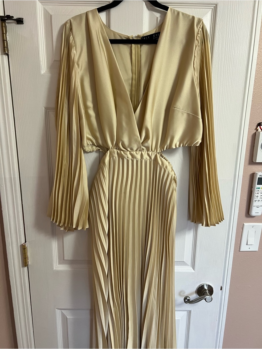 Pleated V-Neck Satin Maxi Dress in Champagne